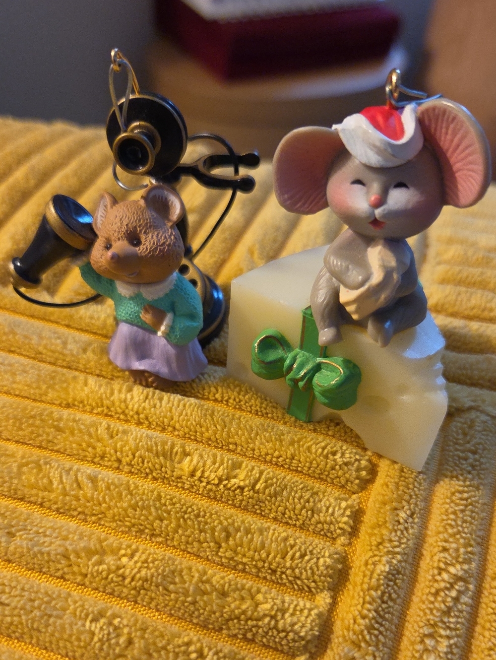 Vintage Hallmark Ornaments - Mouse & Cheese & Mouse On Phone